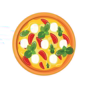 round pizza with tomatoes and basil on white background vector