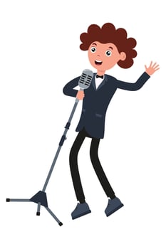Young performer singing into microphone on stage with enthusiasm during a talent show vector