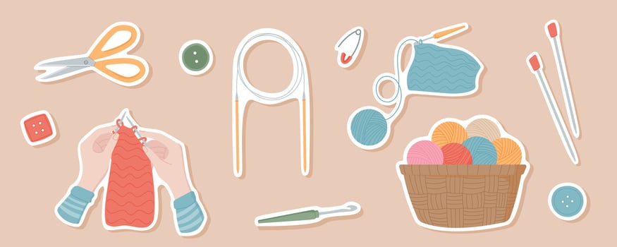 Sticker pack hands knitting with a thread, and a basket of colorful yarn. Scissors, buttons, and knitting needles for tailoring. Cute illustration of essential sewing supplies for handmade projects. vector
