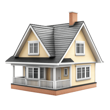 Suburban house with gray roof, dormer windows, and wooden porch isolated on a transparent background png