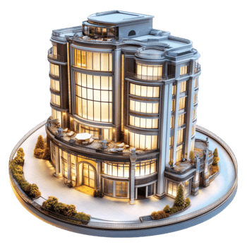 Luxury modern curved glass skyscraper with balcony and trees isolated on a transparent background png