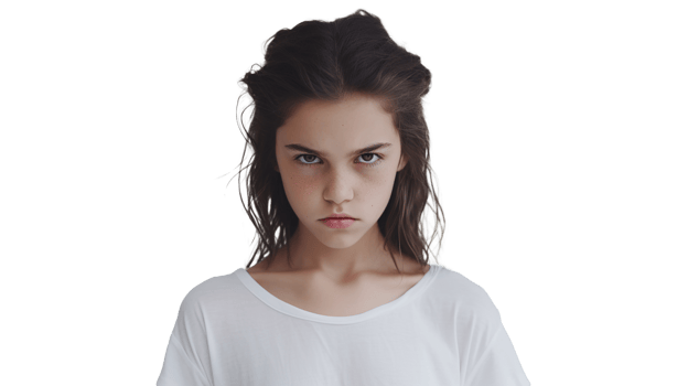 Moody Girl Looking Directly Frustrated Face, Transparency png