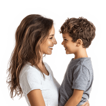 Mother and son celebrating mother day, standing side view isolate on transparent background png
