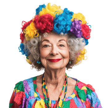 Smiling senior woman wearing clown curly wig colorful celebrating april fool, standing isolate on transparent background png