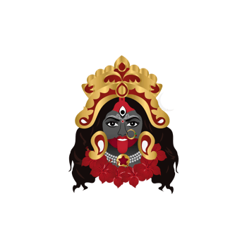This vibrant illustration depicts Goddess Kali in her divine and powerful form, adorned with a golden crown, jewelry, and a garland of hibiscus flowers. png