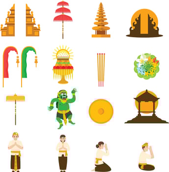 Balinese set with traditional items. Suitable for travel websites, cultural blogs, and tourism brochures showcasing authentic Balinese culture. vector