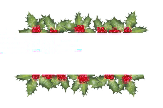 Christmas horizontal frame of red holly berries with leaves. Illustration of a watercolor background with space for text. Decoration for the New Year, seasonal holidays. Hand drawn isolated backdrop vector