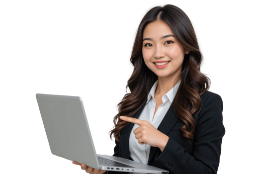 Woman in Formal Attire with Laptop and Copy Space, Clipart. png