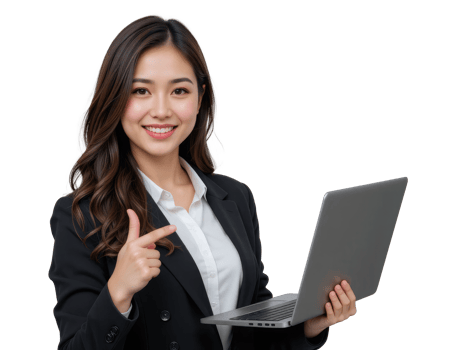 Businesswoman with Laptop Pointing at Copy Space, Image. png
