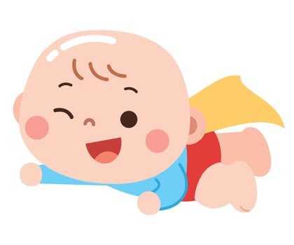 Adorable cartoon illustration of a baby dressed as a superhero, joyfully flying with a yellow cape and a cheerful wink vector