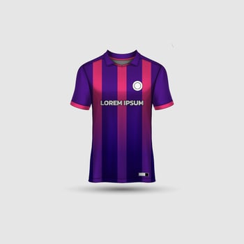 Jersey mockup design. Uniform front view jersey and sublimation templates for soccer, football, volleyball, badminton, e-sports, casual. Simple stripe purple pink vector