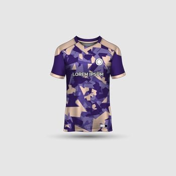 Jersey mockup design. Uniform front view jersey and sublimation templates for soccer, football, volleyball, badminton, e-sports, casual. Abtract purple biege vector