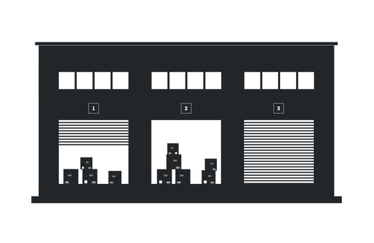 Black silhouette icon of warehouse with boxes on white background. Logistics, export concept. vector