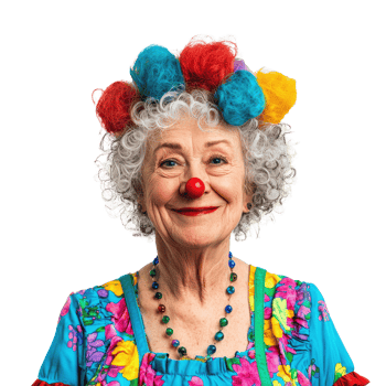 an elderly woman wearing a colorful clown wig png