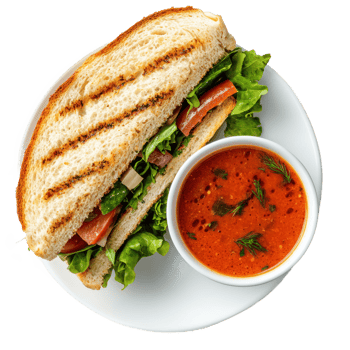 sandwich with tomato soup on a plate isolate on tranparent background png