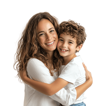 Mother and son celebrating mother day, standing isolate on transparent background png