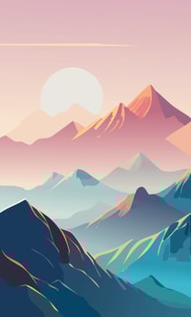 featuring layered misty peaks, soft gradients, and a quiet sunrise glow vector
