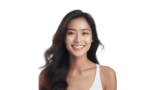 Asian Woman Smiling with Flawless Glowy Skin with Copy Space Isolated on Transparent Background png