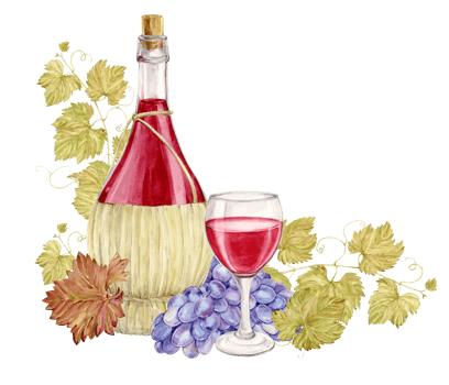 Bottles of red wine in a wicker basket sealed with a cork. Watercolor illustration of a glass in basket woven from a straw rod. Clipart for wine tasting or wine list design. png
