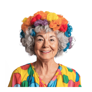 an older woman wearing a colorful wig and clown hat png