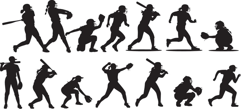 Diverse Female Softball Players in Action Silhouettes vector