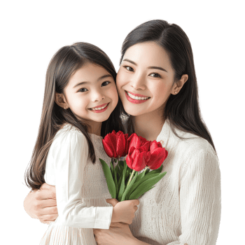 Mother and daughter celebrating mother day, standing front view isolate on transparent background png