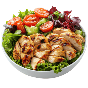 chicken salad with lettuce, tomatoes and cucumber on a white plate png