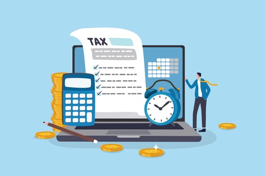 Tax online payment on computer laptop, income tax calculation deadline, refund or revenue paperwork, financial duty concept, businessman on tax calculation payment with calendar date computer laptop. vector