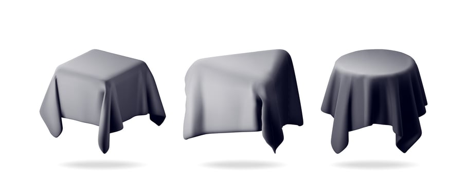 3D draped tables with cloth covers in various shapes isolated. Render stage with dark cloth mockup. Valentine day, birthday card, product display presentation advertisement. vector
