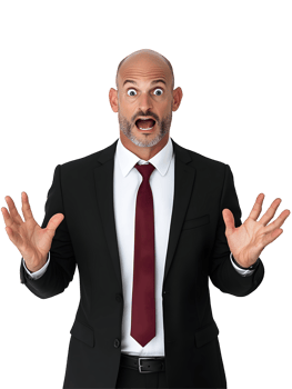 Astonished businessman expressing disbelief wearing a suit against a transparent background png