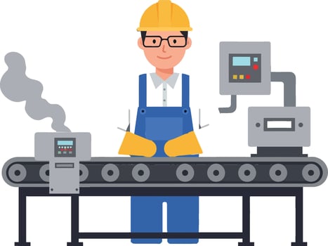Worker operating machinery on conveyor belt in flat illustration vector