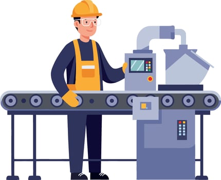 Industrial worker operating machinery on a conveyor belt in flat art vector