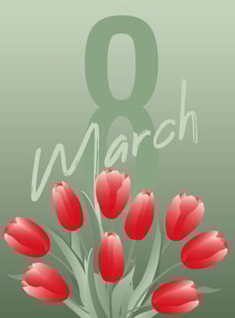 Bouquet of spring flowers tulips on green background. Design for postcards on Womans Day, 8 March. vector