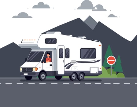 Camper van driving on a scenic road in flat illustration vector