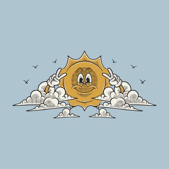 happy sun between clouds retro cartoon mascot vector