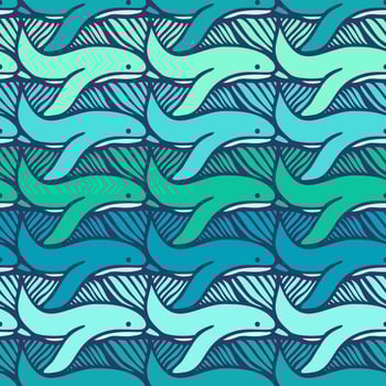 Seamless tessellation pattern with dolphins in ocean shades vector