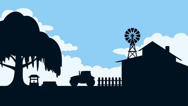 Countryside landscape of farmhouse scenery. Panoramic view of rural house with windmill and tractor under big tree.Illustration of the scenic cloudscape over the farmland in rural environment vector