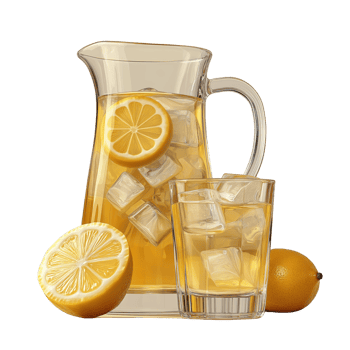 A pitcher of lemonade with ice cubes and a glass of lemonade png