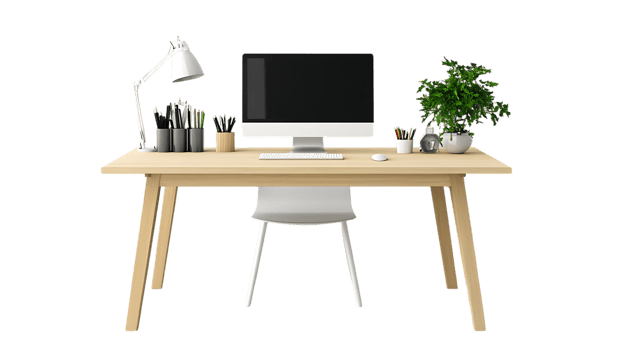 A desk with a computer, chair and plant png