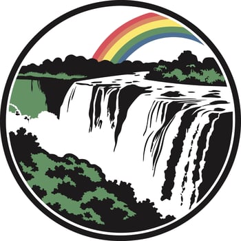 Waterfall cascading over layered cliffs, a vibrant rainbow arching gracefully overhead. vector