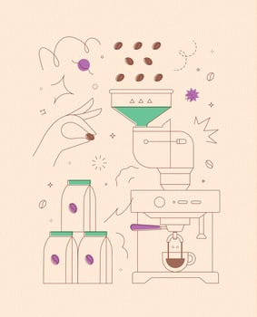 Coffee bean container coffee machine symbols drawing in modern linear art style on peach background vector