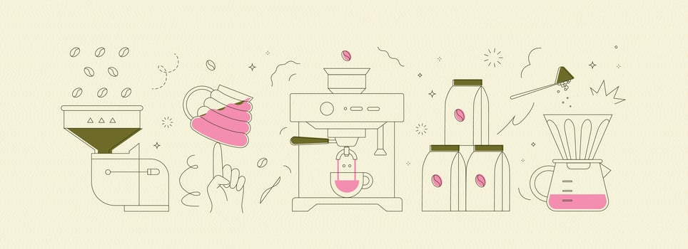 Coffee mill, cup, machine, pack, maker symbols drawing in modern linear art style on light yellow background vector