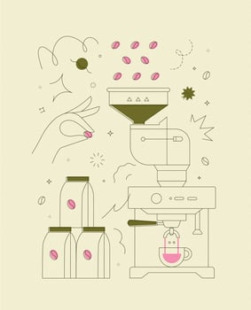 Coffee bean container coffee machine symbols drawing in modern linear art style on light yellow background vector