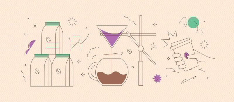 Coffee maker, pack, take away cup symbols drawing in modern linear art style on peach background vector