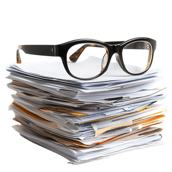 Organized Piles of Office Papers with Classic Black Glasses on Top Isolated on Transparent Background png