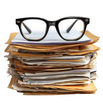 Black Frame Reading Glasses Placed on Multiple Stacks of Business Files Isolated on Transparent Background png