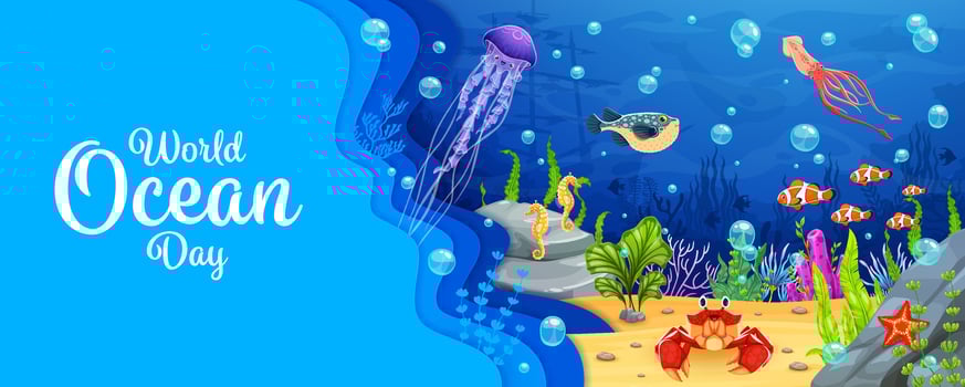 World ocean day paper cut banner with sea animals vector