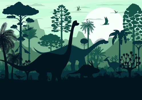 Prehistoric forest landscape dinosaurs silhouettes vector