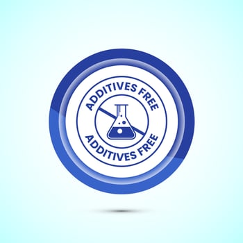 Additives free icon design illustration. No additives symbol for food packaging, Blue color button design vector