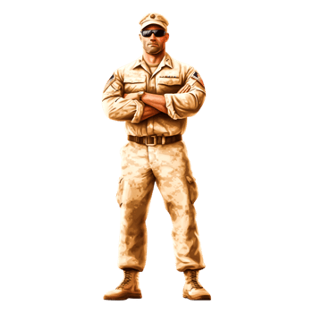 Confident Male Soldier in Camouflage Uniform with Sunglasses Stance png